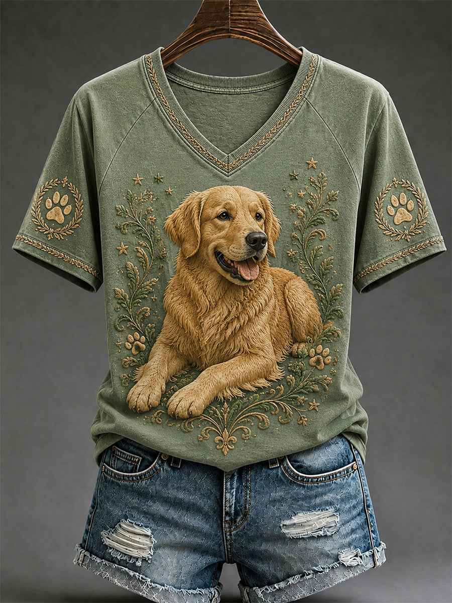 Women's Retro Dog Print Casual V-Neck Tee