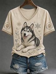 Women's Retro Dog Print Casual V-Neck Tee gracestitchs