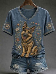 Women's Retro Dog Print Casual V-Neck Tee