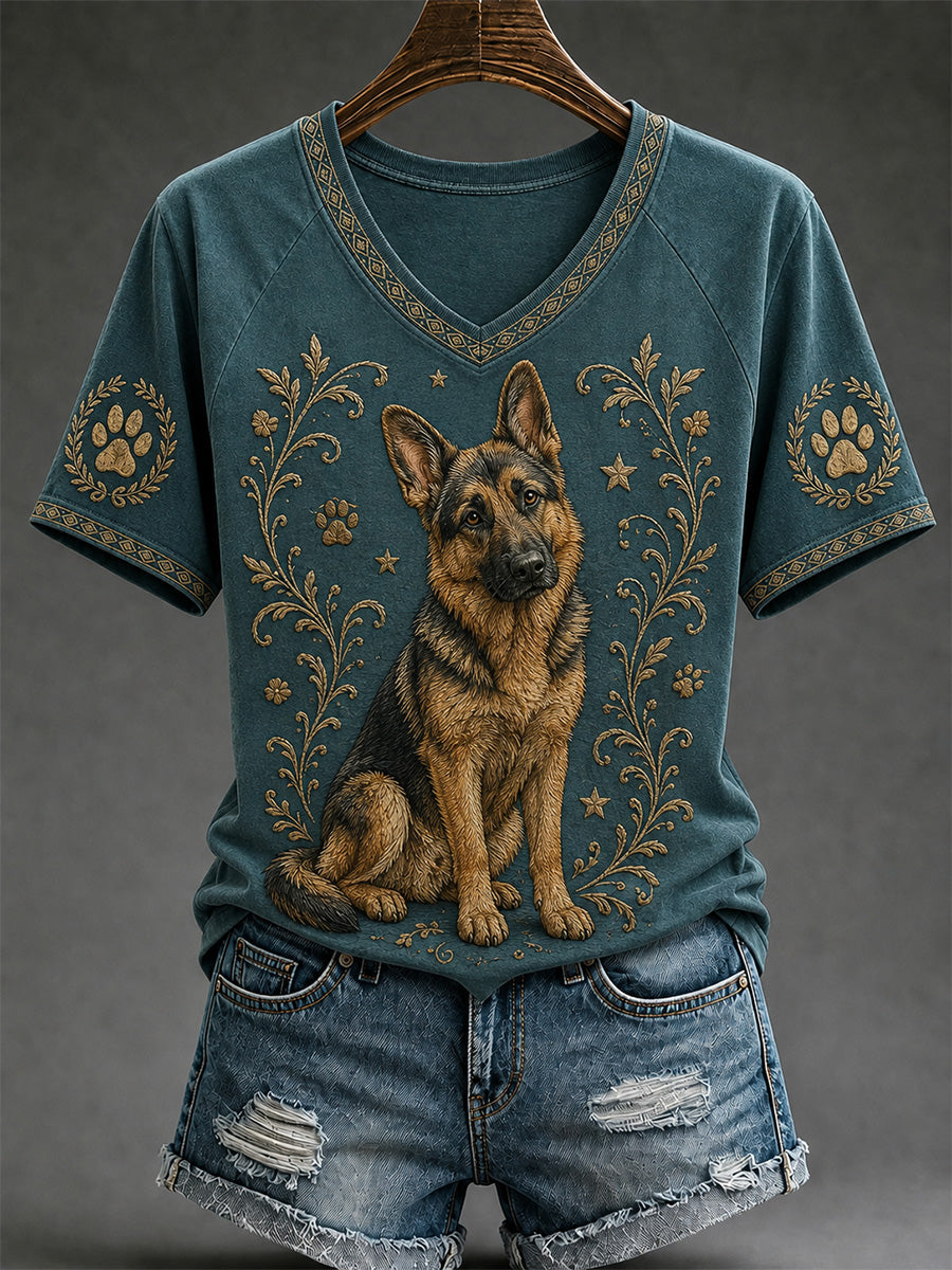 Women's Retro Dog Print Casual V-Neck Tee gracestitchs