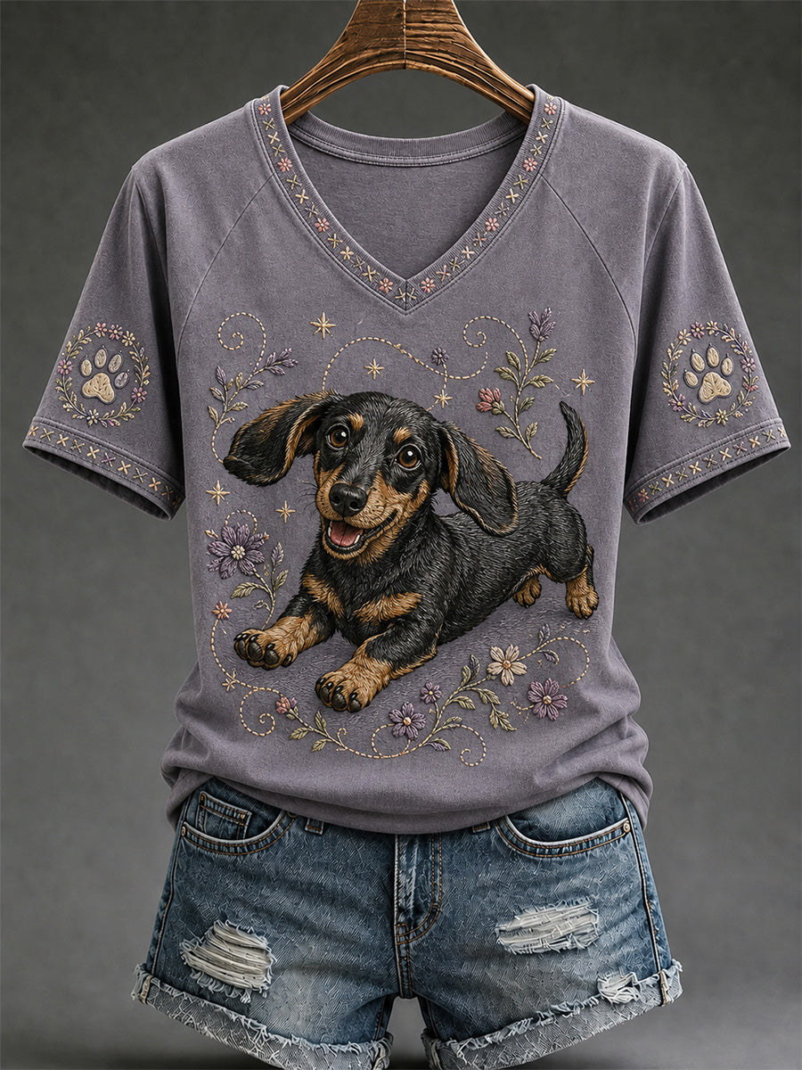 Women's Retro Dog Print Casual V-Neck Tee gracestitchs