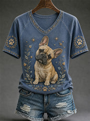 Women's Retro Dog Print Casual V-Neck Tee gracestitchs