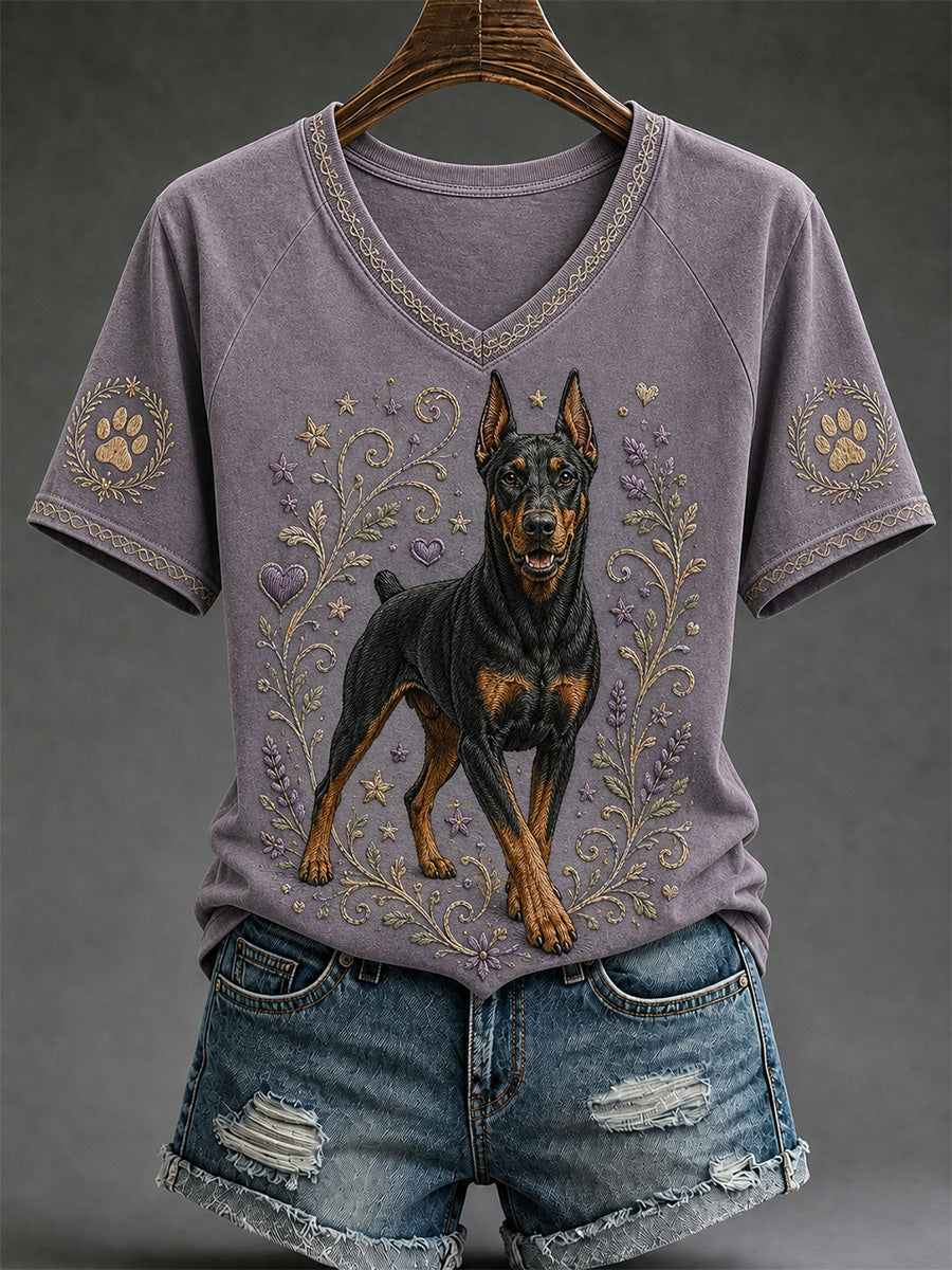 Women's Retro Dog Print Casual V-Neck Tee gracestitchs