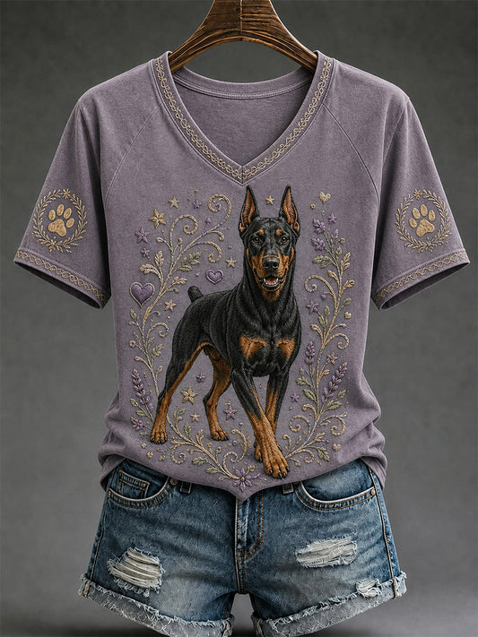 Women's Retro Dog Print Casual V-Neck Tee gracestitchs