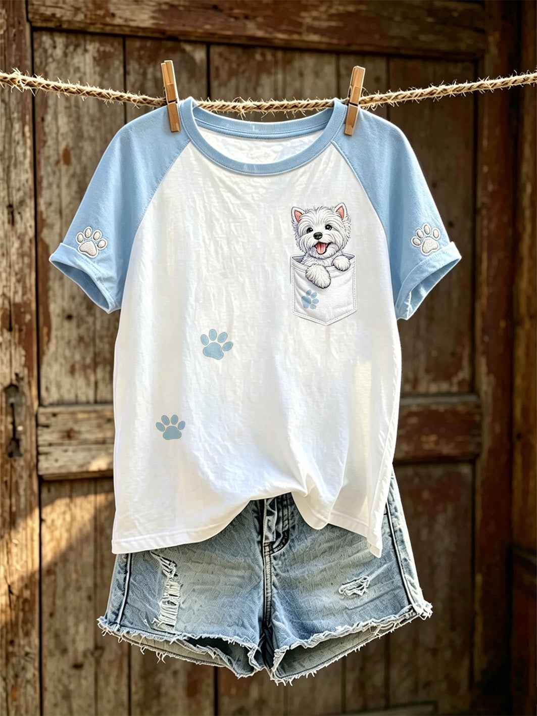 Women's cut dog pattern printed round neck short sleeve T-shirt