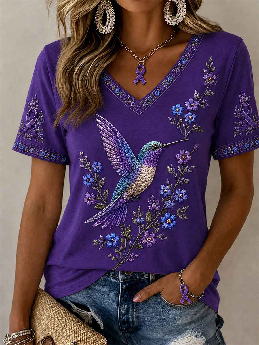 Women's Purple Floral & Hummingbird Print Alzheimer's Awareness Support V-Neck Tee
