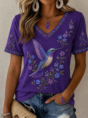 Women's Purple Floral & Hummingbird Print Alzheimer's Awareness Support V-Neck Tee