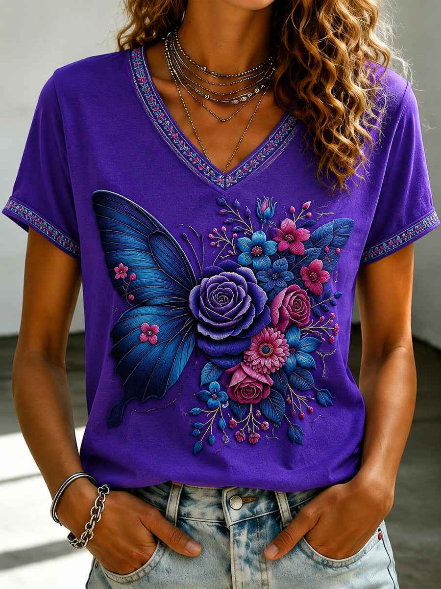 Women's Purple Flora Art Printed V-neck T-shirt