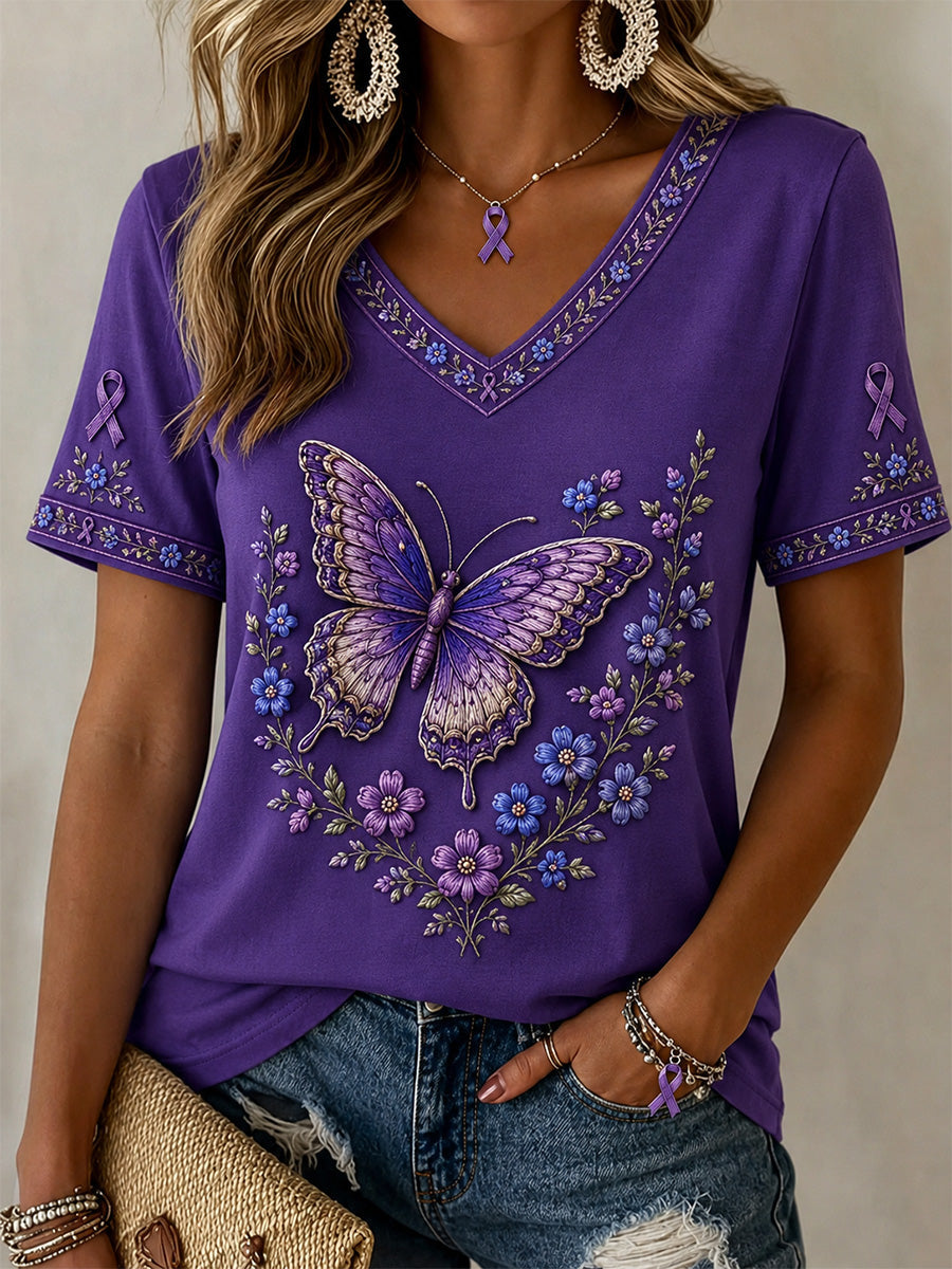 Women's Purple Floral & Butterfly Print Alzheimer's Awareness Support V-Neck Tee gracestitchs