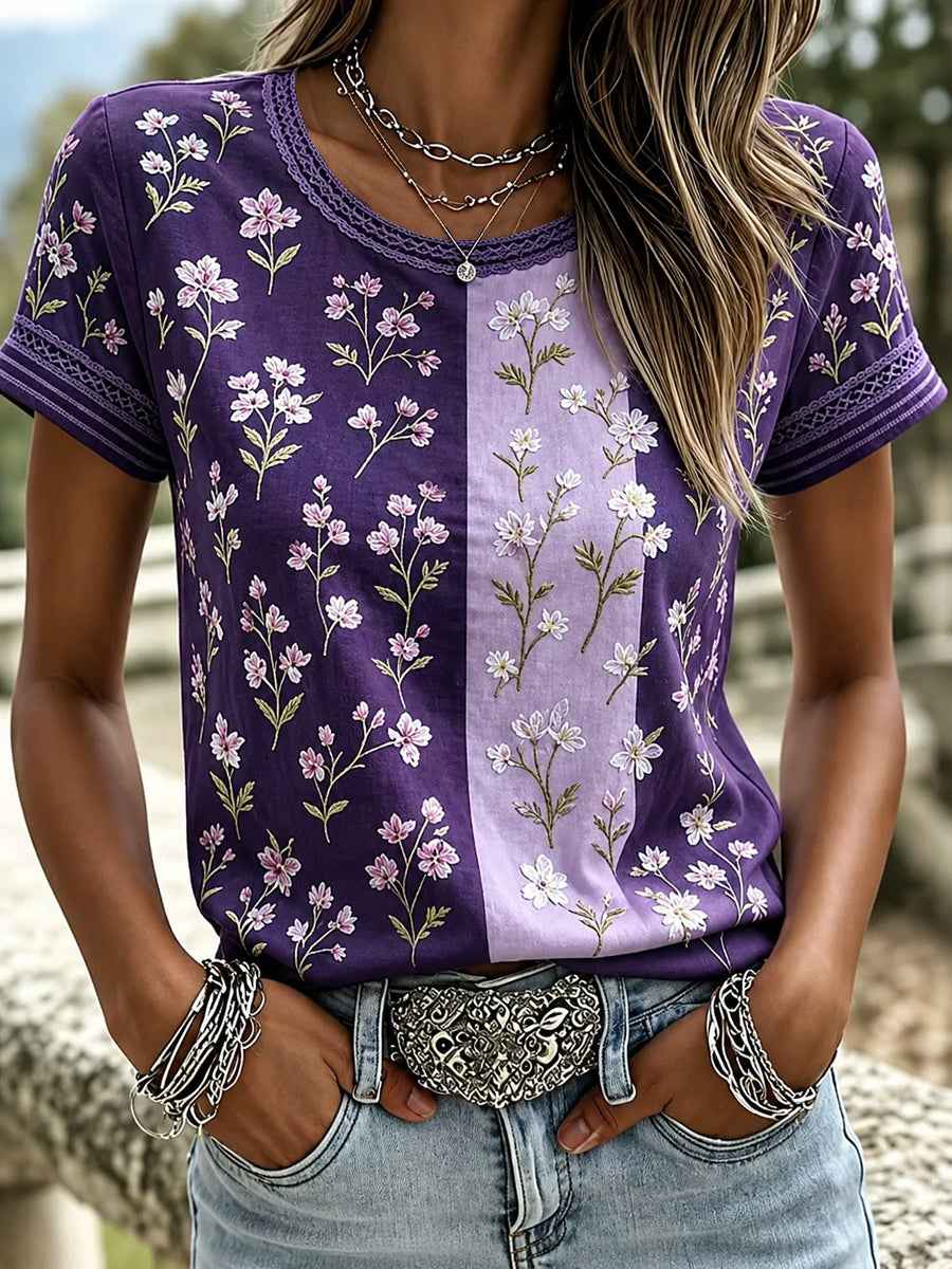 Women's Purple Flora Art Printed T-shirt
