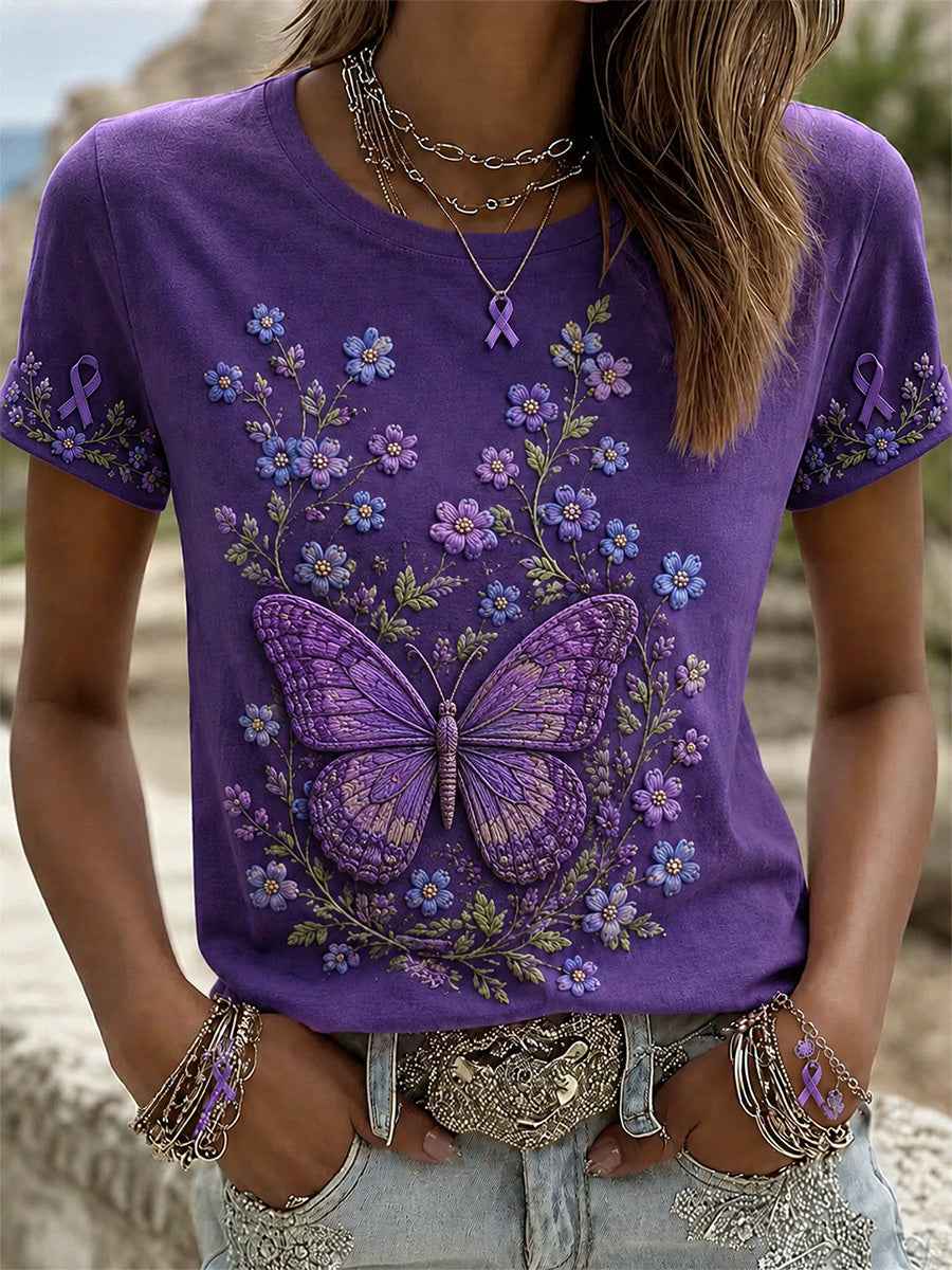 Women's Purple Floral & Butterfly Print Alzheimer's Awareness Support Tee