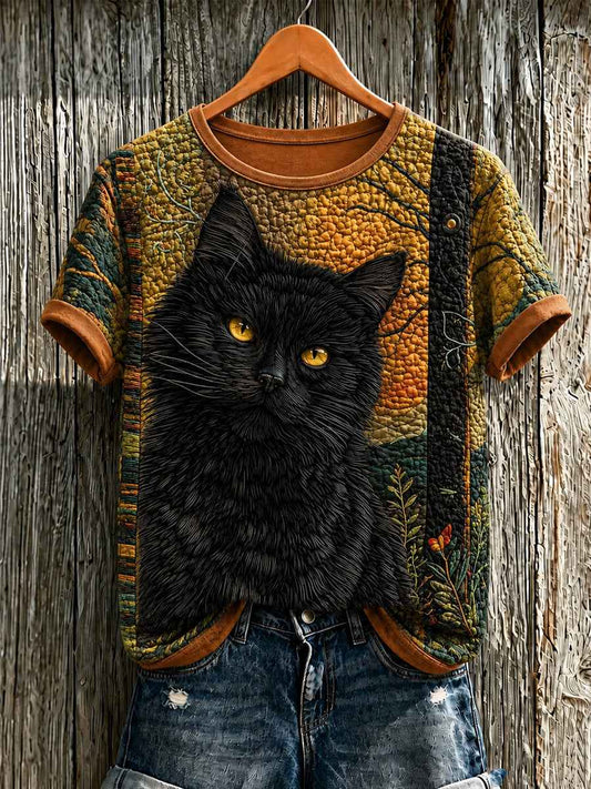 Women's Cute Cat Art Printed Short Sleeve T-shirt
