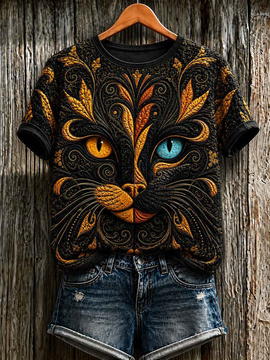 Women's Cute Cat Art Printed Short Sleeve T-shirt