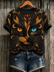 Women's Cute Cat Art Printed Short Sleeve T-shirt