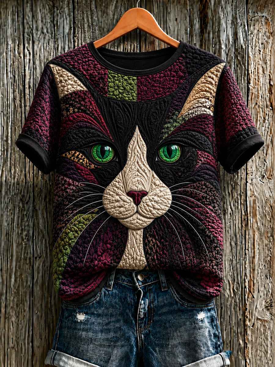 Women's Cute Cat Art Printed Short Sleeve T-shirt