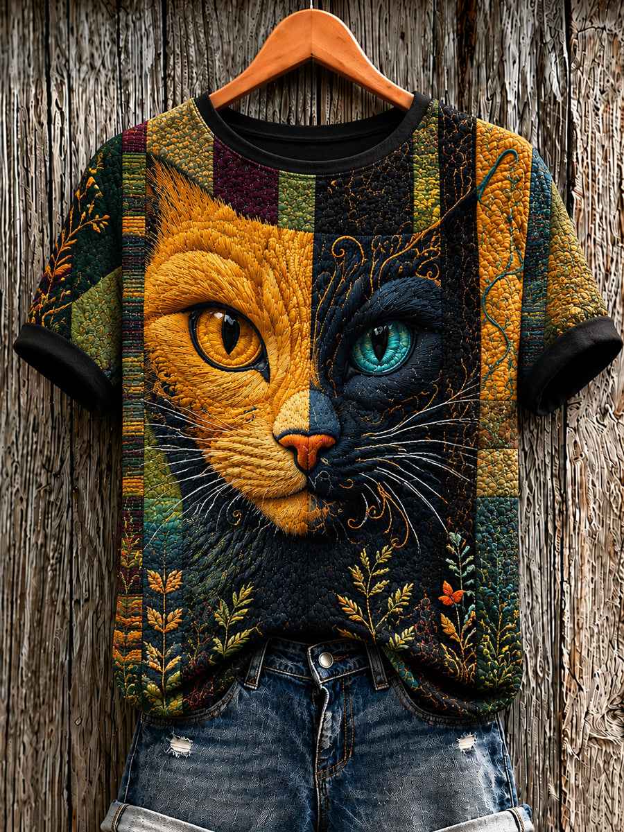 Women's Cute Cat Art Printed Short Sleeve T-shirt