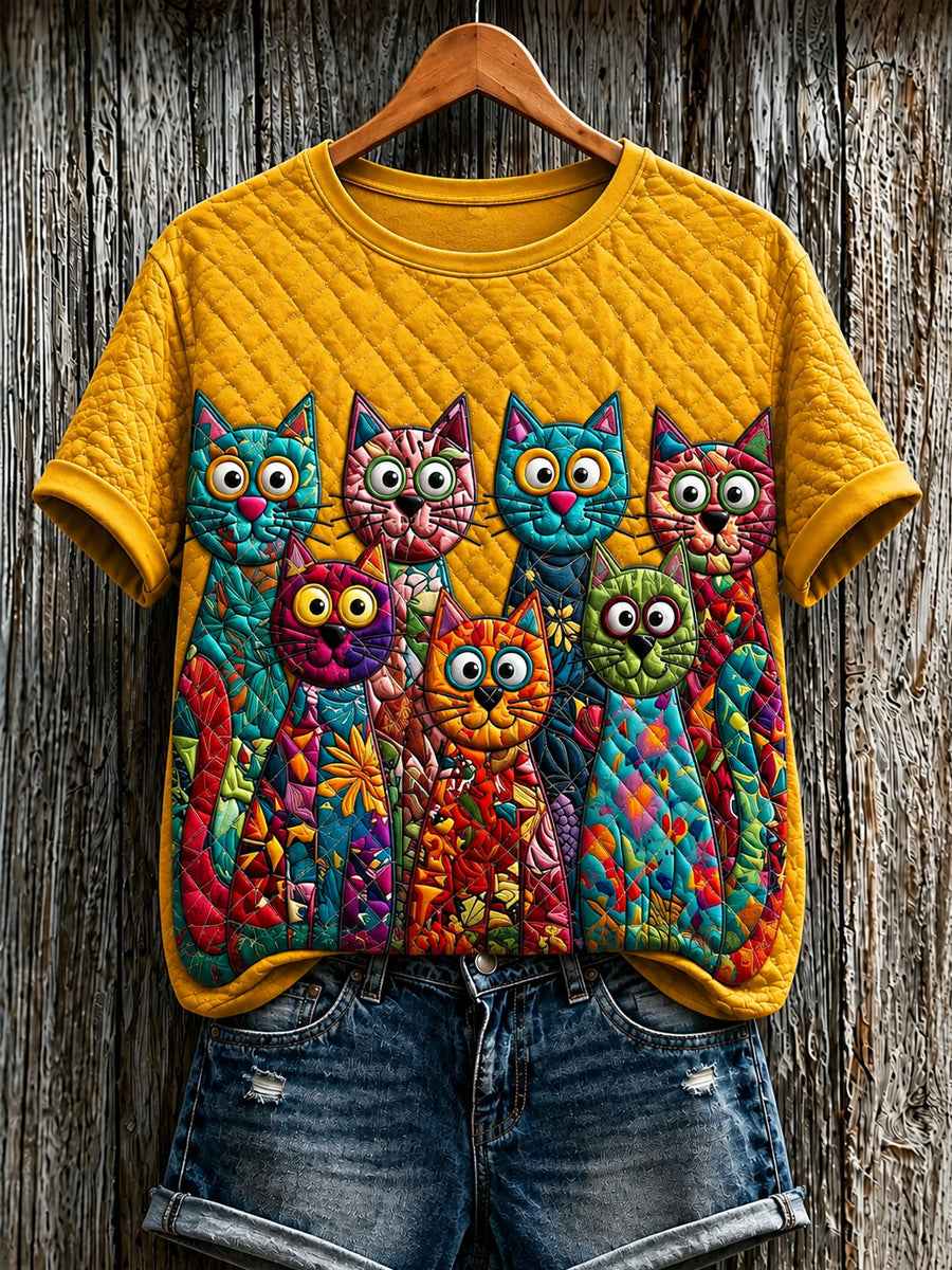 Women's Cute Cat Art Printed Short Sleeve T-shirt