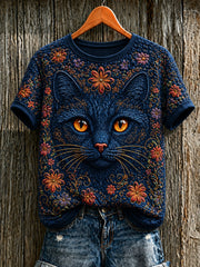 Women's Cute Cat Art Printed Short Sleeve T-shirt gracestitchs