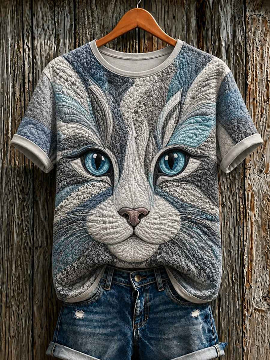 Women's Cute Cat Art Printed Short Sleeve T-shirt