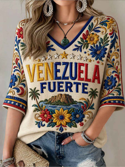 Women's Venezuela Fuerte Mid-length Sleeves V-Neck T-Shirt