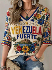 Women's Venezuela Fuerte Mid-length Sleeves V-Neck T-Shirt