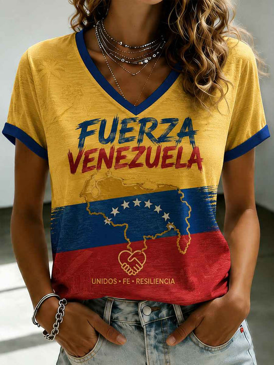 Women's FUERZA VENEZUELA Printed V-neck T-shirt