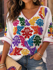 Women's Guelaguetza Mexico Art Printed Linen Tops