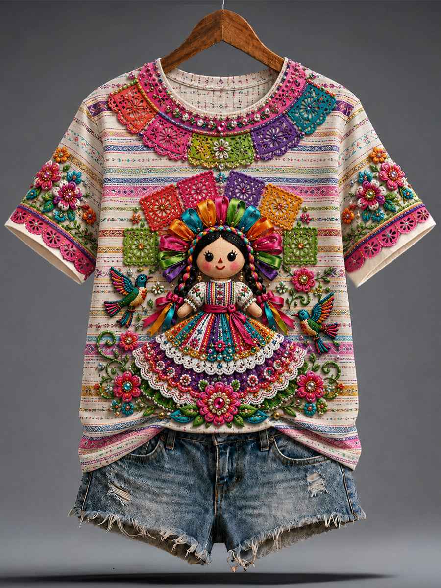 Women's Guelaguetza Mexico Lele Doll Art Printed T-shirt