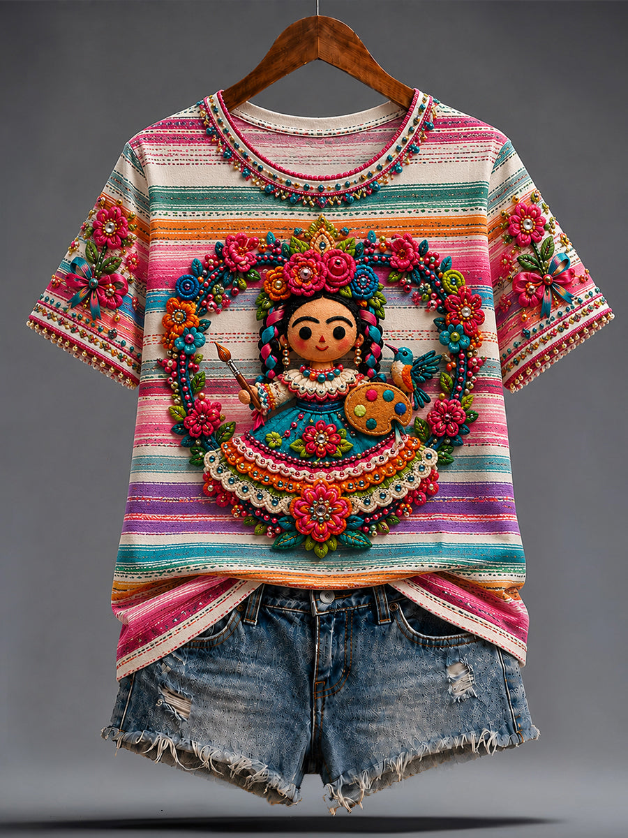 Women's Guelaguetza Mexico Lele Doll Art Printed T-shirt gracestitchs