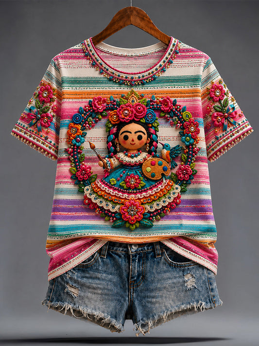 Women's Guelaguetza Mexico Lele Doll Art Printed T-shirt gracestitchs