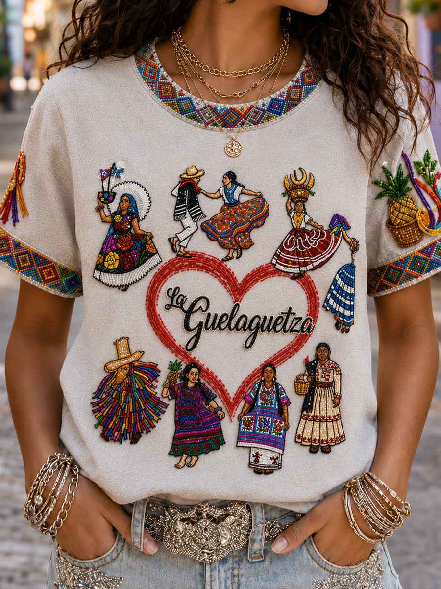 Women's Guelaguetza Mexico Art Printed Linen T-shirt