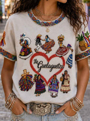 Women's Guelaguetza Mexico Art Printed Linen T-shirt