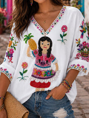 Women's Mexico Guelaguetza Lele Doll Art Printed Linen T-shirt gracestitchs