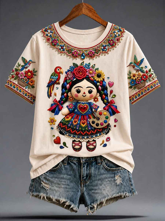 Women's Guelaguetza Mexico Lele Doll Art Printed T-shirt