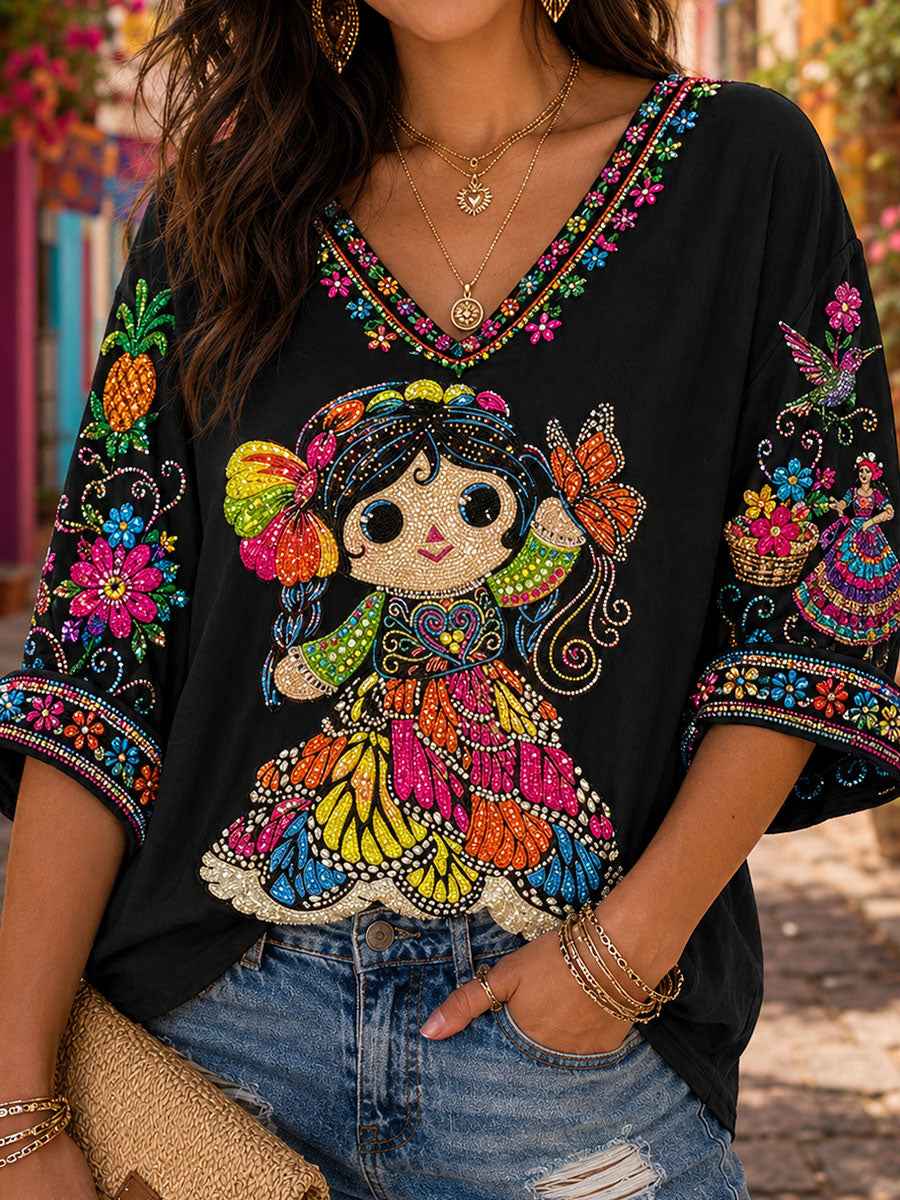 Women's Mexico Guelaguetza Lele Doll Art Printed Linen T-shirt