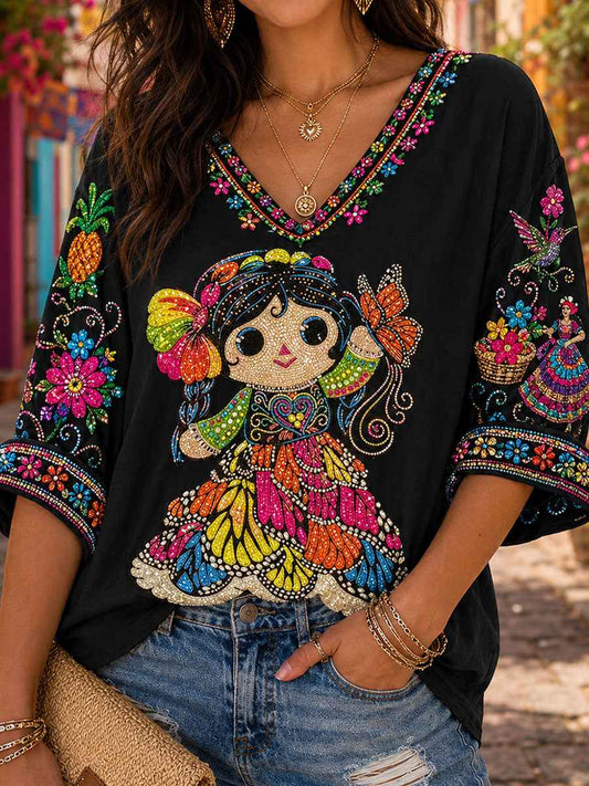 Women's Mexico Guelaguetza Lele Doll Art Printed Linen T-shirt