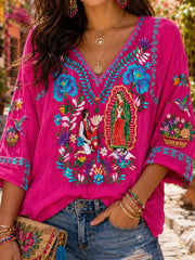 Women's Mexico Guelaguetza Art Printed Linen T-shirt