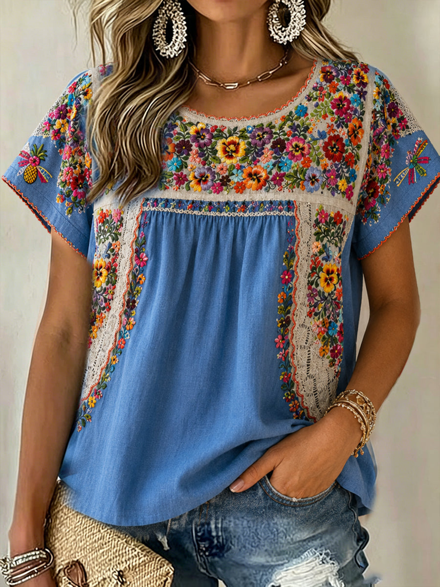Women's Guelaguetza Mexico Art Printed Linen Tops gracestitchs