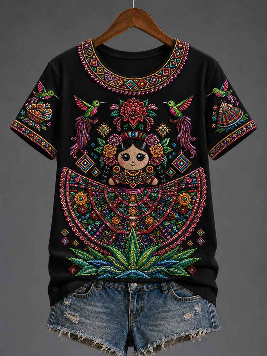Women's Mexico Guelaguetza Lele Doll Art Printed T-shirt