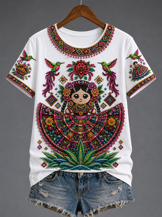 Women's Mexico Guelaguetza Lele Doll Art Printed T-shirt gracestitchs