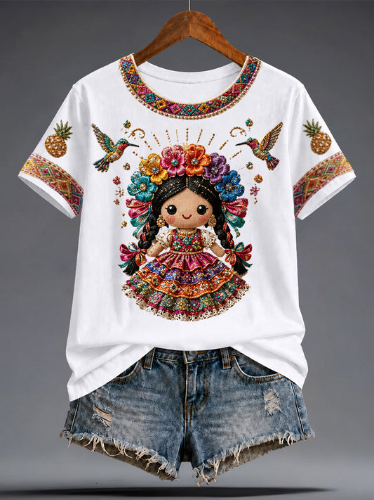 Women's Mexico Guelaguetza Lele Doll Art Printed T-shirt gracestitchs