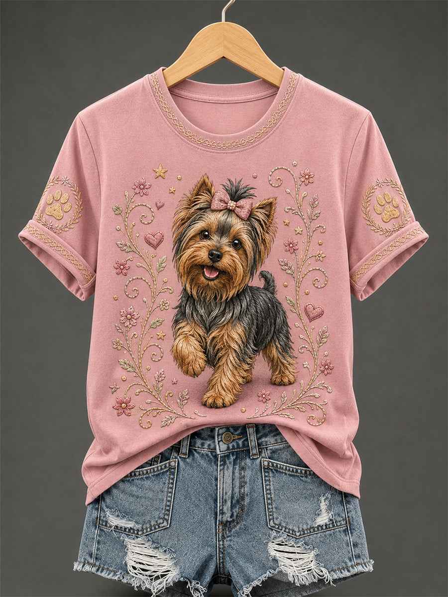 Women's Retro Floral Dog Print Casual Tee