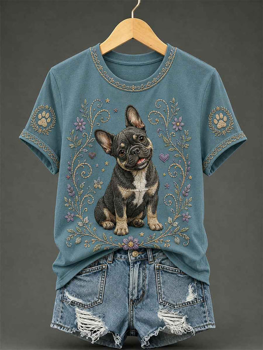 Women's Retro Floral Dog Print Casual Tee