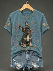 Women's Retro Floral Dog Print Casual Tee