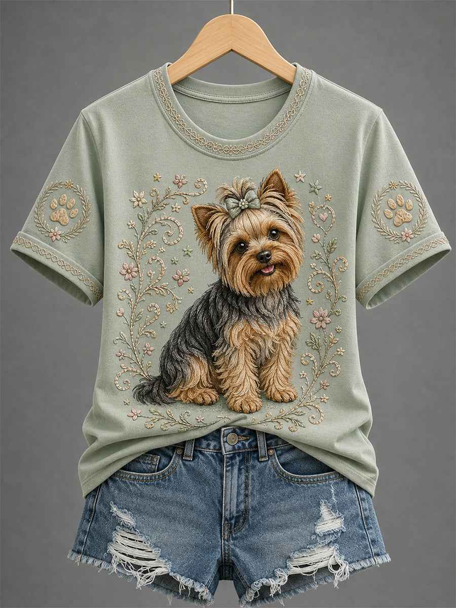 Women's Retro Floral Dog Print Casual Tee