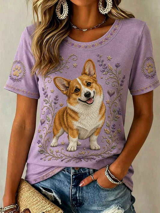 Women's Retro Floral Dog Print Casual Tee