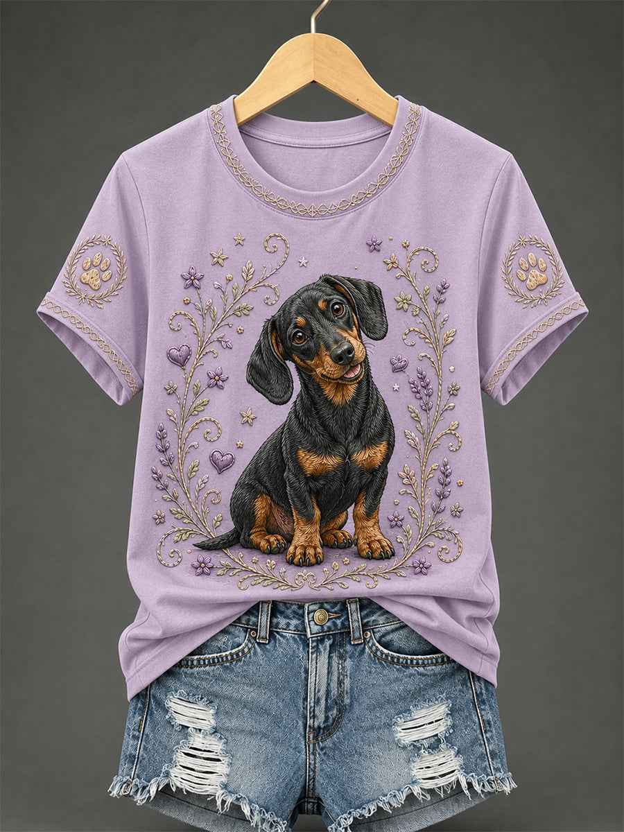 Women's Retro Floral Dog Print Casual Tee