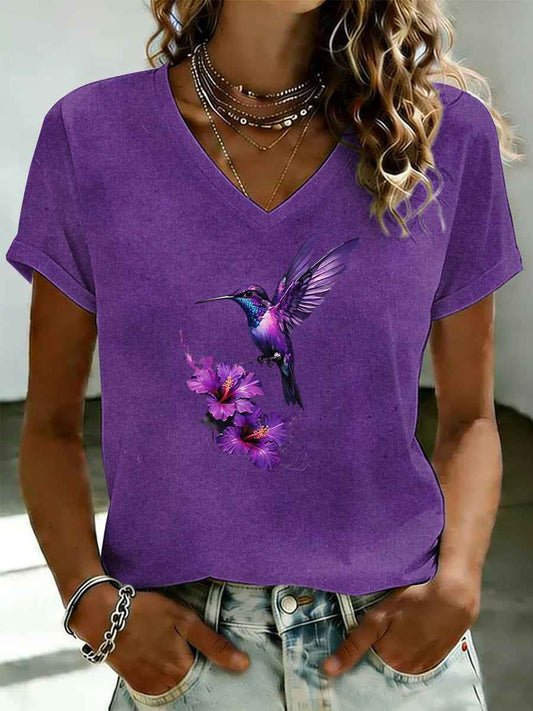Women's Purple Flora Art Printed V-neck T-shirt