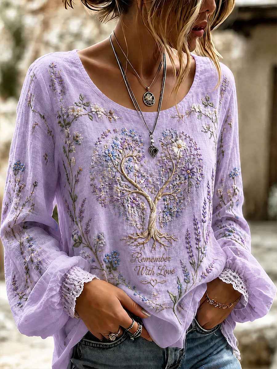Women's Alzheimer's Theme "Remember With Love" Floral Print Casual Cotton-Linen Shirt