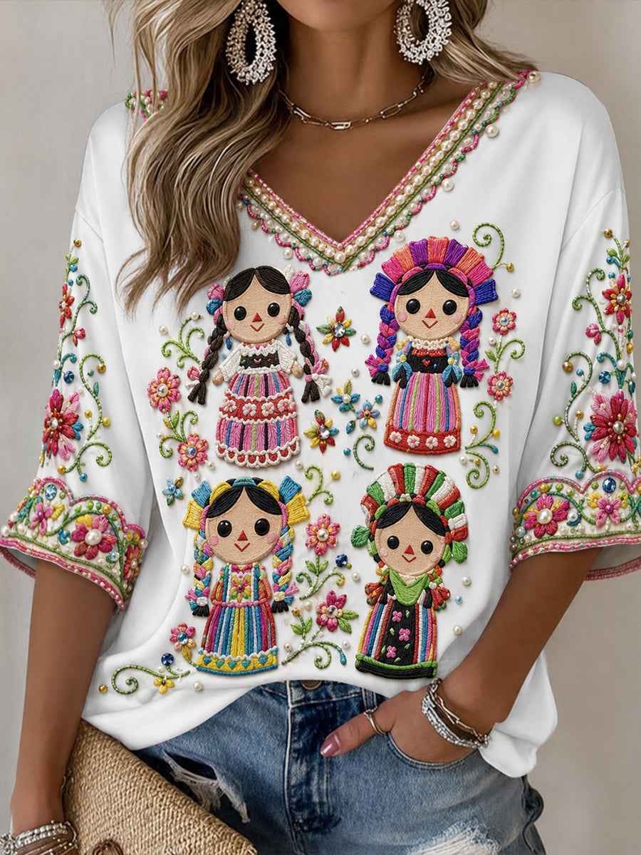 Women's Mexico Guelaguetza Lele Doll Art Printed T-shirt